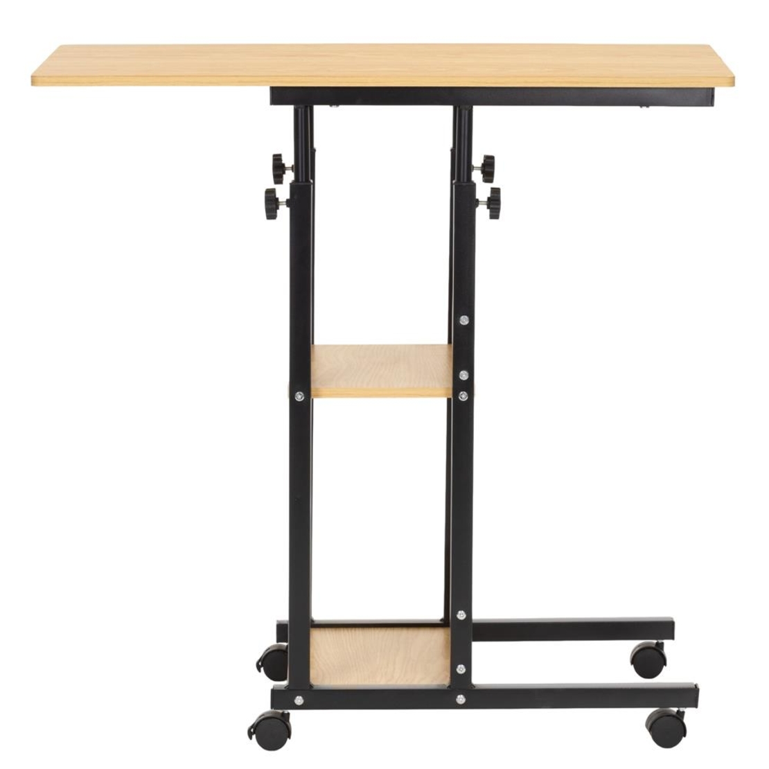Birou reglabil pe inaltime cu rafturi si roti, blat din lemn si structura metalica, 80x40x76-86 cm, maro natur