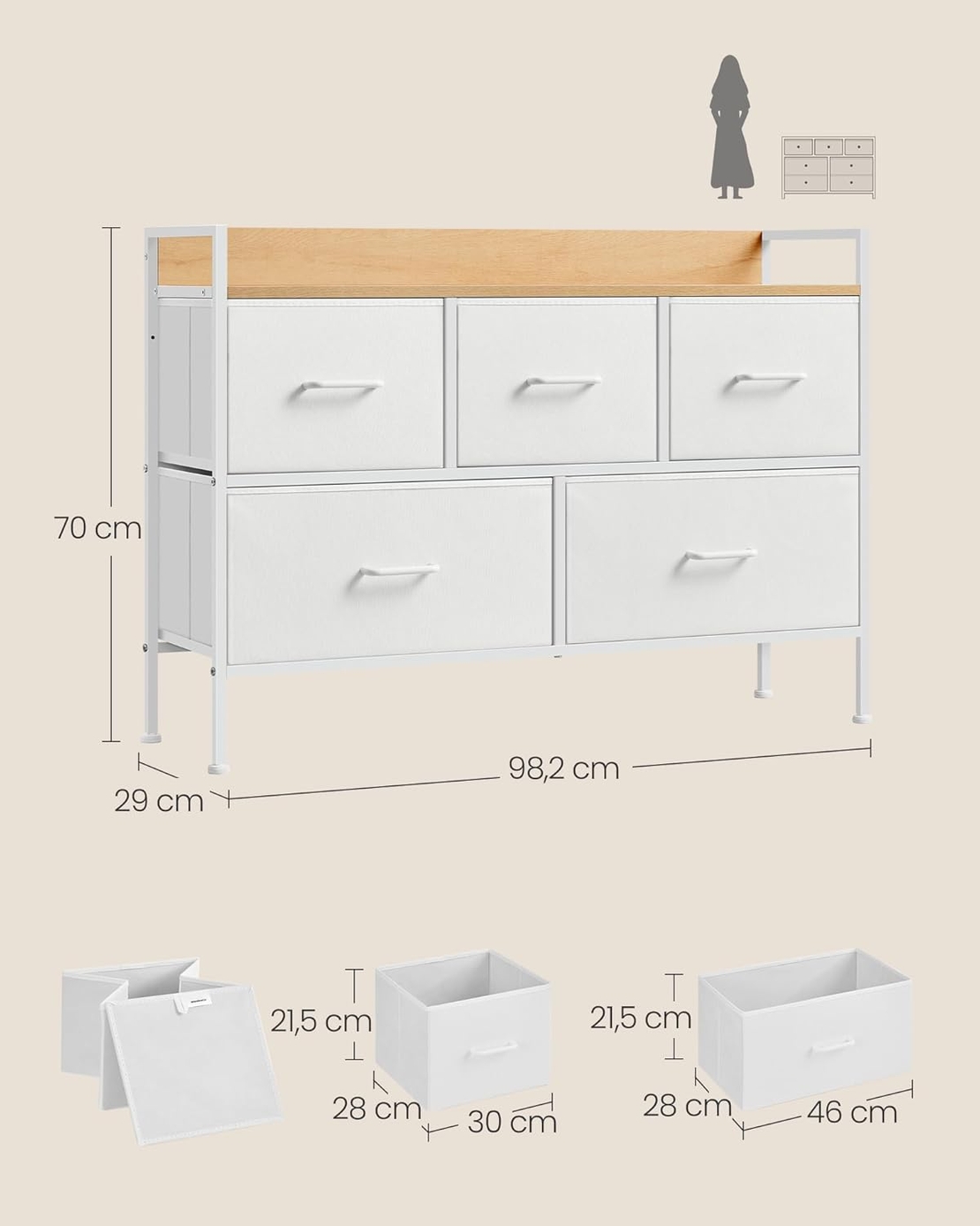 SONGMICS Comoda cu 5 sertare textile, cadru metalic si blat din PAL, design industrial, 98x29x70 cm, alb si stejar