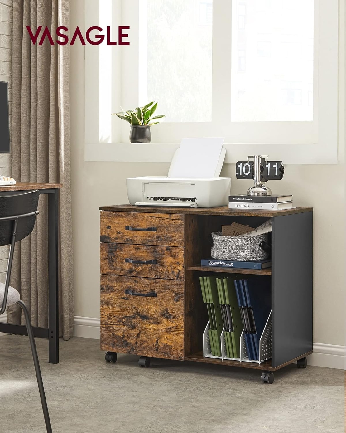 VASAGLE Dulap mobil tip rollbox pentru birouri, sertar cu sina suport dosare, stil industrial, 40x80x66 cm, maro rustic