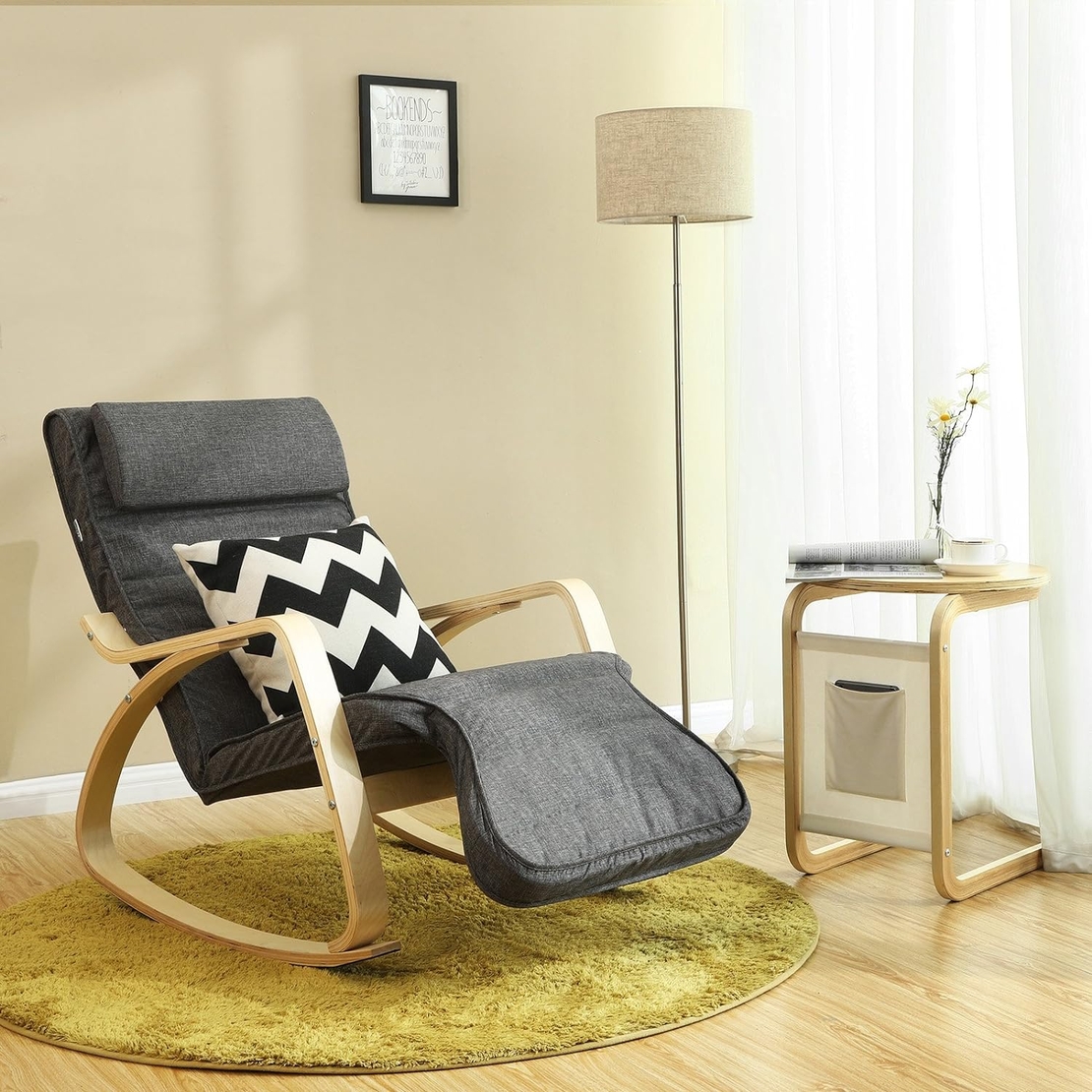 SONGMICS Scaun balansoar din lemn, suport picioare reglabil, maxim 150kg, 67x115x91cm, gri inchis