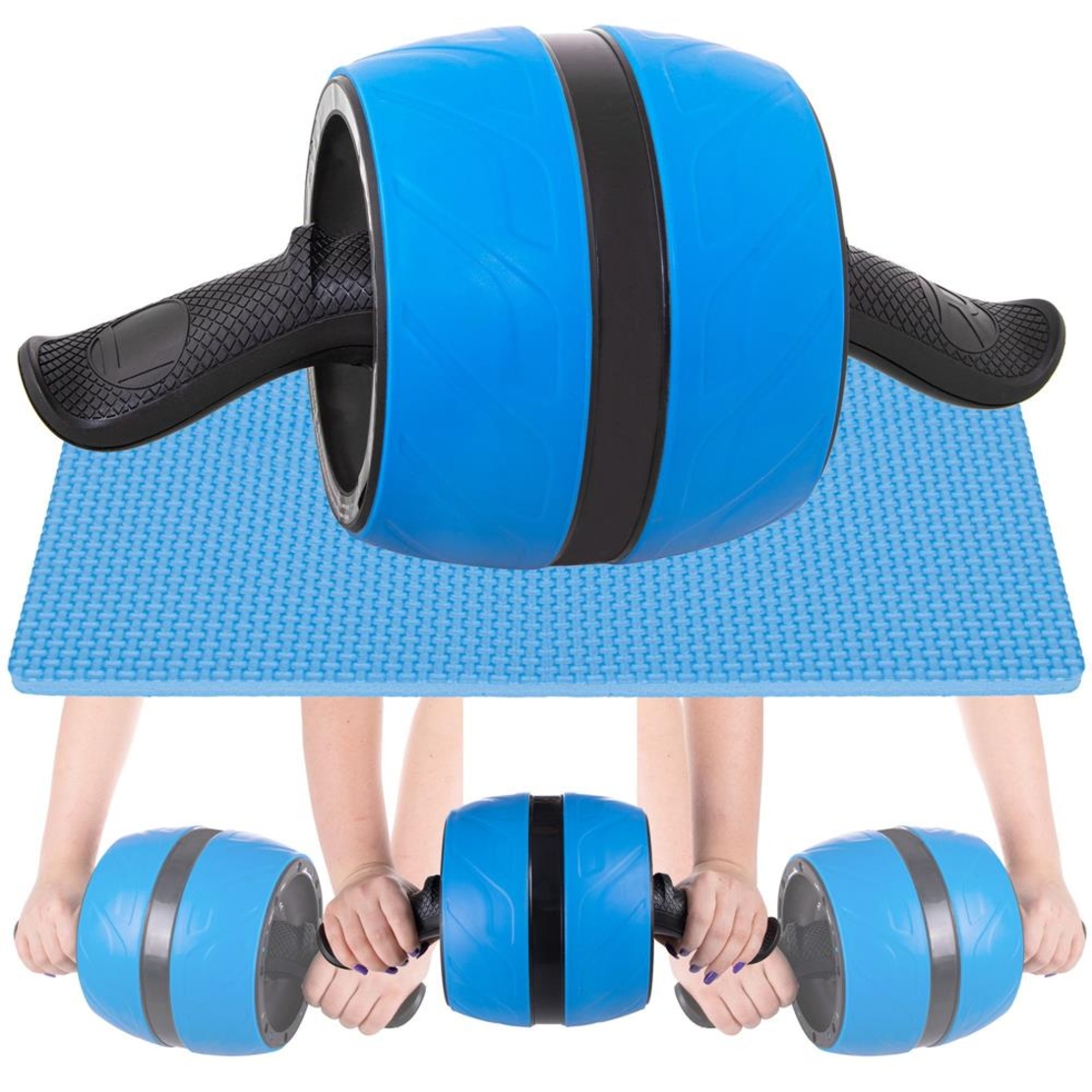 Aparat fitness tip roata pentru abdomene cu covor din spuma, albastru negru