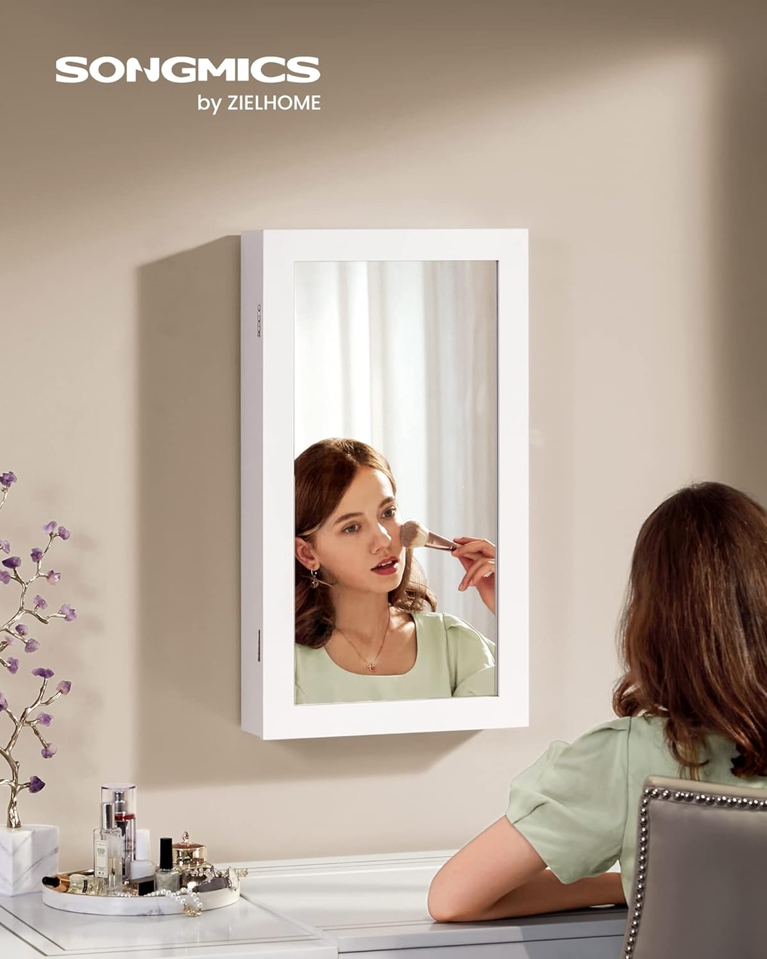 SONGMICS Dulap de bijuterii cu oglinda, montare pe perete, incuietoare, 37x11x67cm, alb
