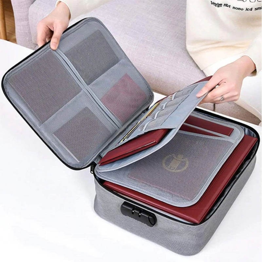 Geanta Flippy pentru Depozitare Acte si Documente, Facturi, Carduri, cu Cod de Securitate, 5 Compartimente, Impermeabila, 37 x 20 x 27 cm, Gri