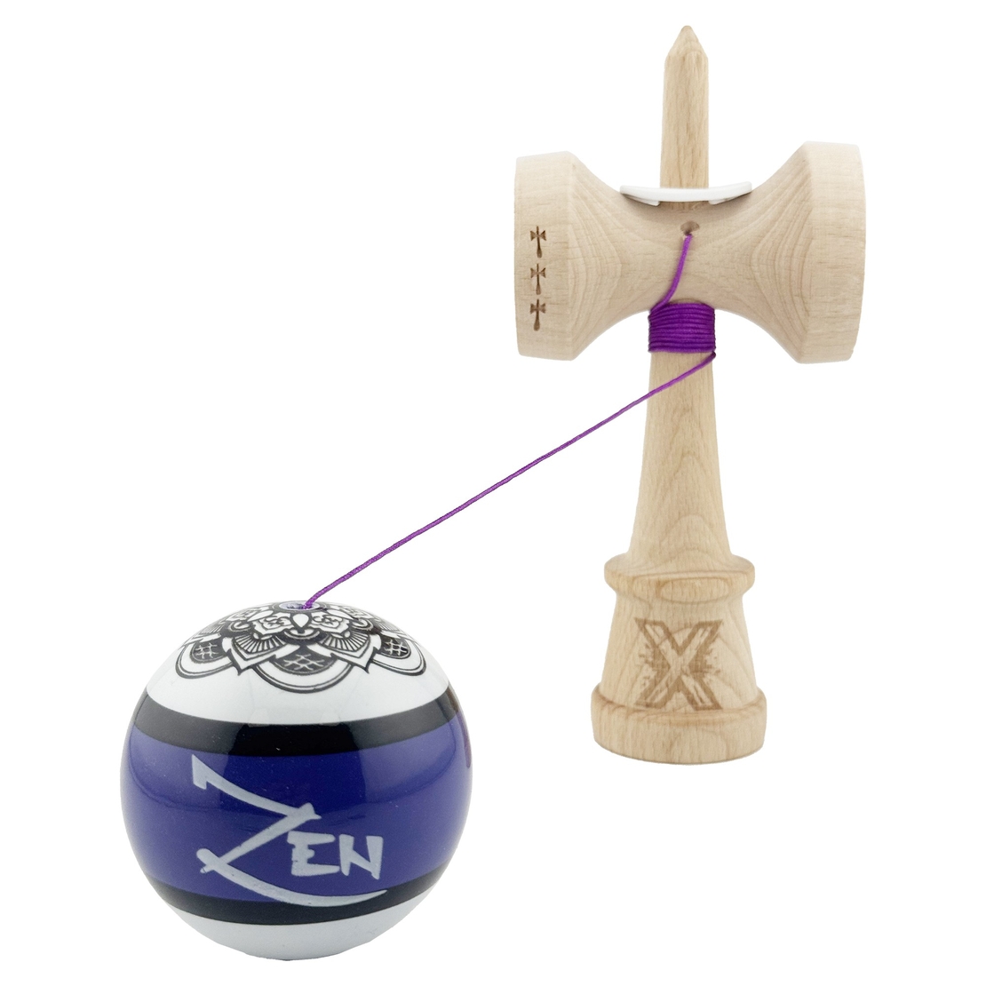 Kendama X Zen Series Originala, Profesionala, Flippy, Cupe Mari KING SIZE V3, Super Sticky, Gaura in Baza, Rulment Metalic, din lemn 18 cm, Ata 62/65 cm, Violet