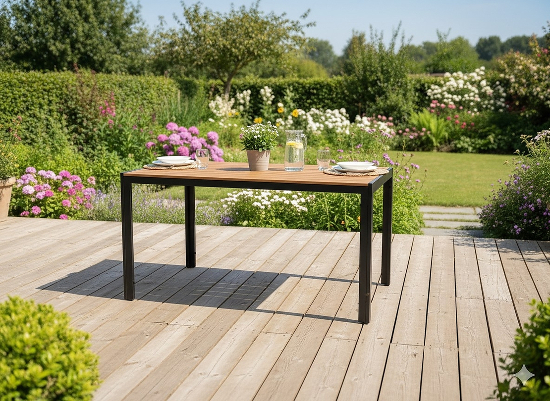 Masa de gradina, cadru otel, blat polywood cu aspect lemn, 150x90x73 cm, negru si maro natur