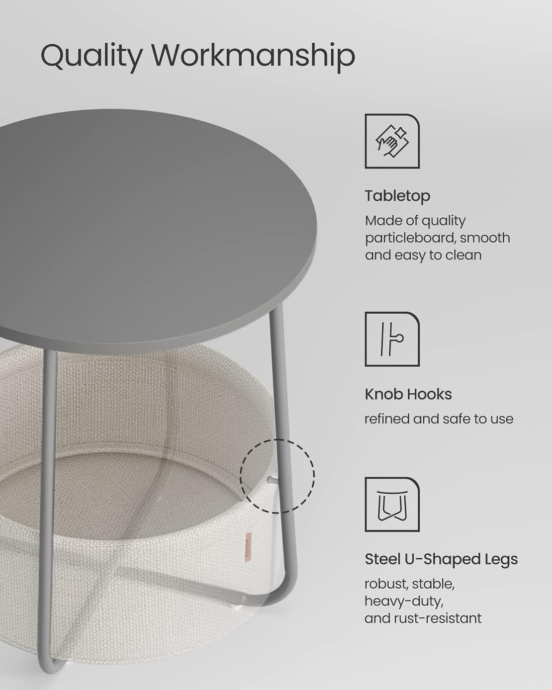 VASAGLE Masuta de cafea rotunda cu cos de stofa, stil modern, 45x50cm, gri