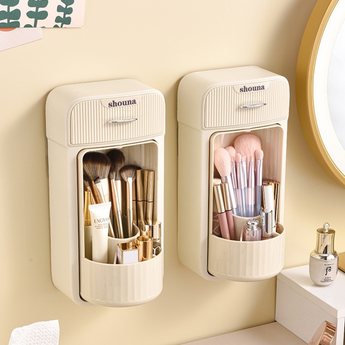 Organizator Baie, Flippy, 4 Compartimente si 1 Sertar, Rotire 360 Grade, din PP+PET, 27.5 x 16 x 11 cm, Crem