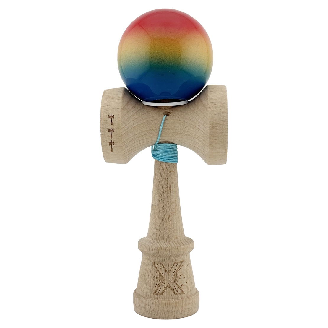 Kendama X Originala, Profesionala, Flippy, Super Sticky cu Cupe Mari KING SIZE V3, Gaura in Baza, Rulment Metalic, din lemn 18 cm, Ata 62/65 cm, Gradient Rosu/Galben/Albastru