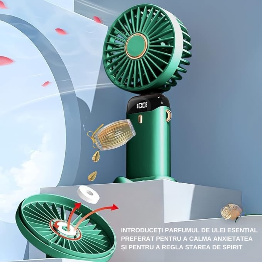 Ventilator Ultra Portabil cu Aromaterapie, Vafy, 3 in 1, de Mana, de Birou, de Gat, 5 Trepte de Viteza, Incarcare USB, Autonomie 12h, Pliabil, cu Ecran LCD, Verde