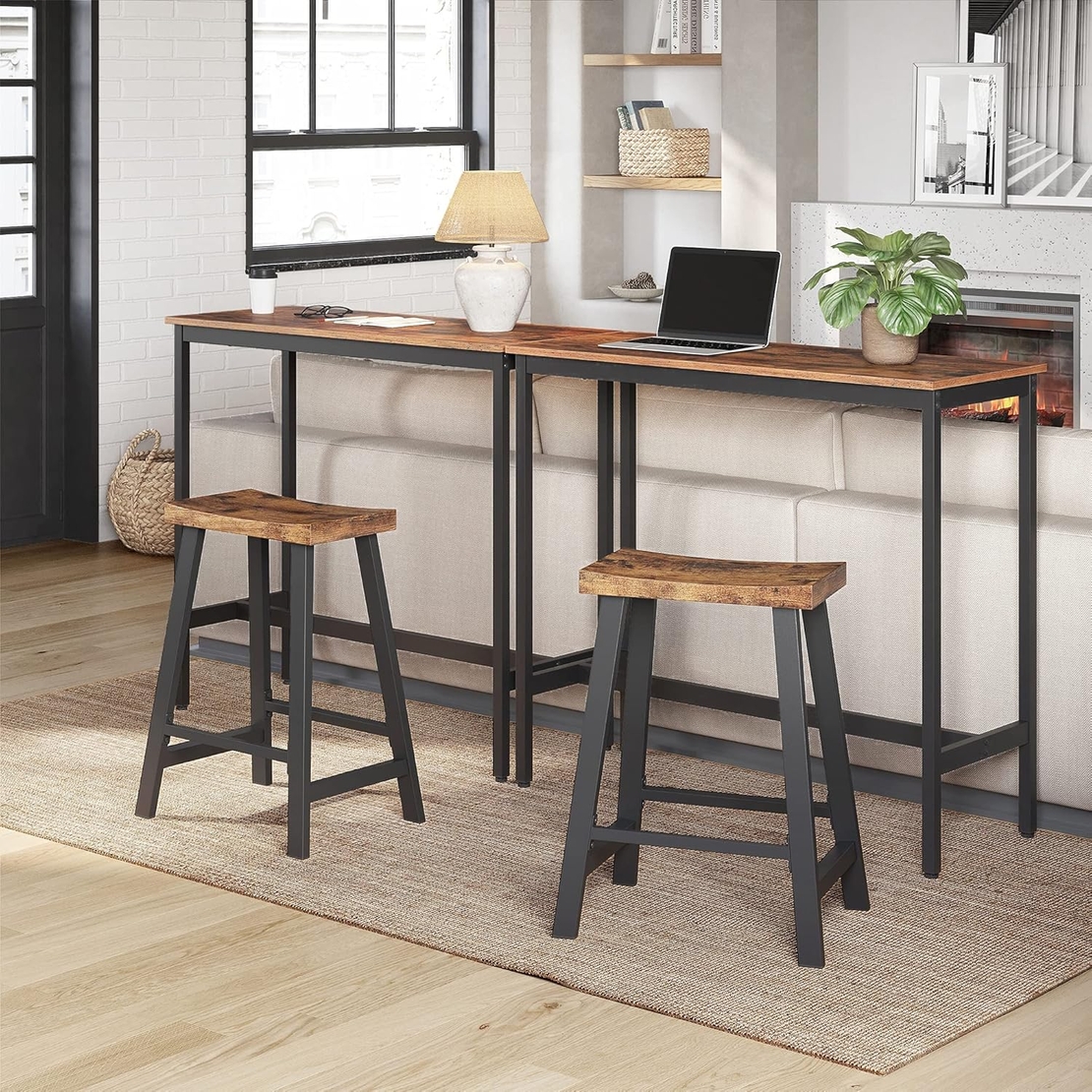 VASAGLE Set 2 scaune bar cu sezut curbat, cadru metalic, 46x33x60 cm, maro rustic