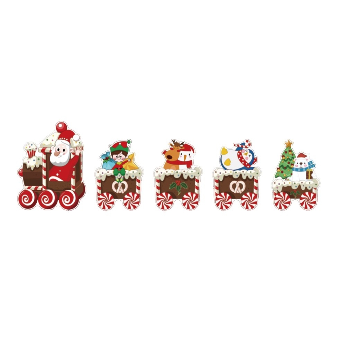 Decoratiune de Craciun, Flippy, pentru Gradina, Tip Trenulet, 5 Figurine + Bete de Infipt in Pamant, din Plastic, Impermeabil, Model Mos Craciun cu Prietenii, Multicolor