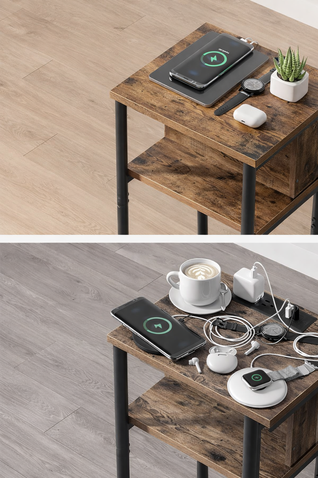 VASAGLE Noptiera cu prize si USB, 3 rafturi, stil industrial, 30x34x58 cm, maro rustic