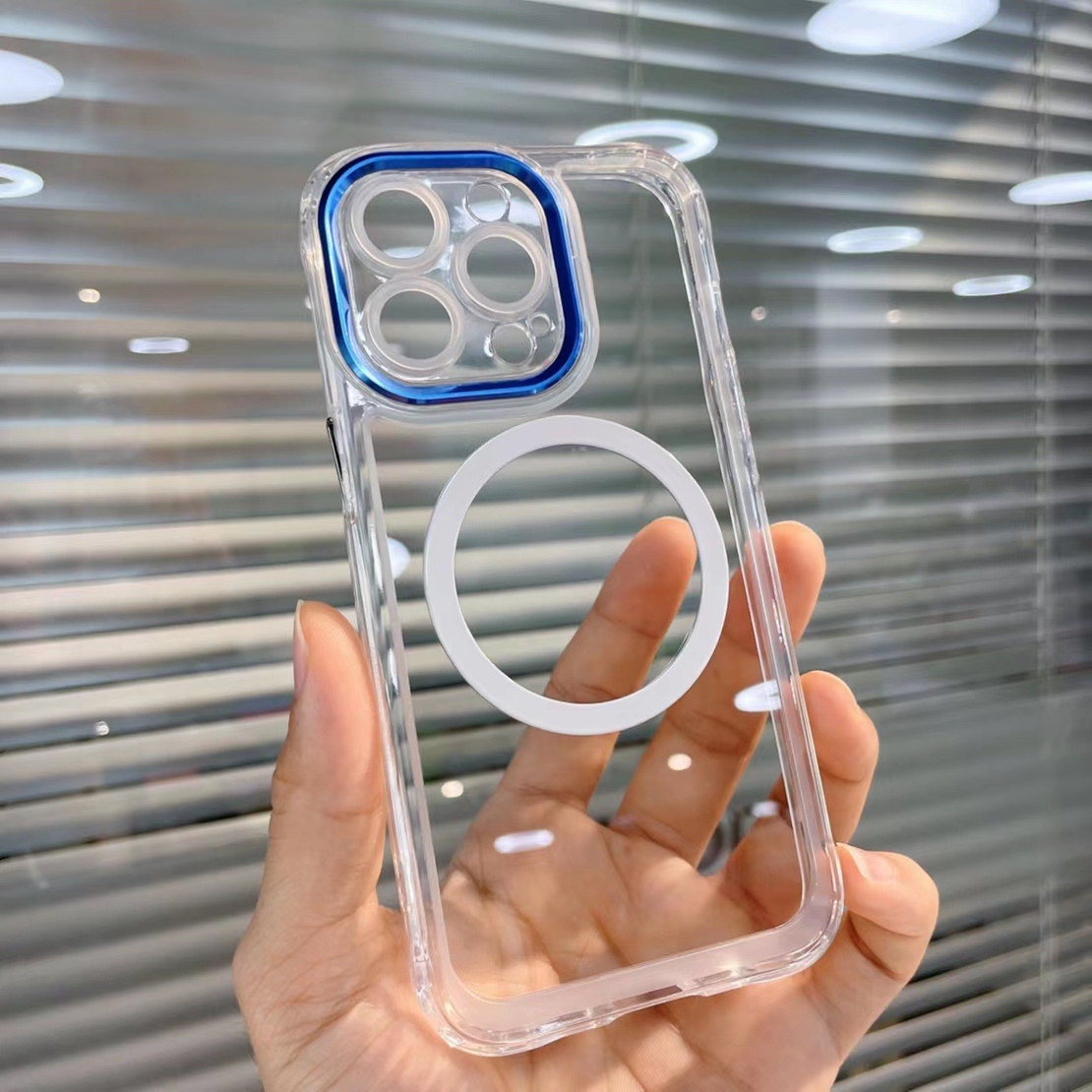 Husa MagSafe Silicone pentru iPhone 12, Vafy, Transparenta, Magnetica, Extra Protectie Camera Albastru