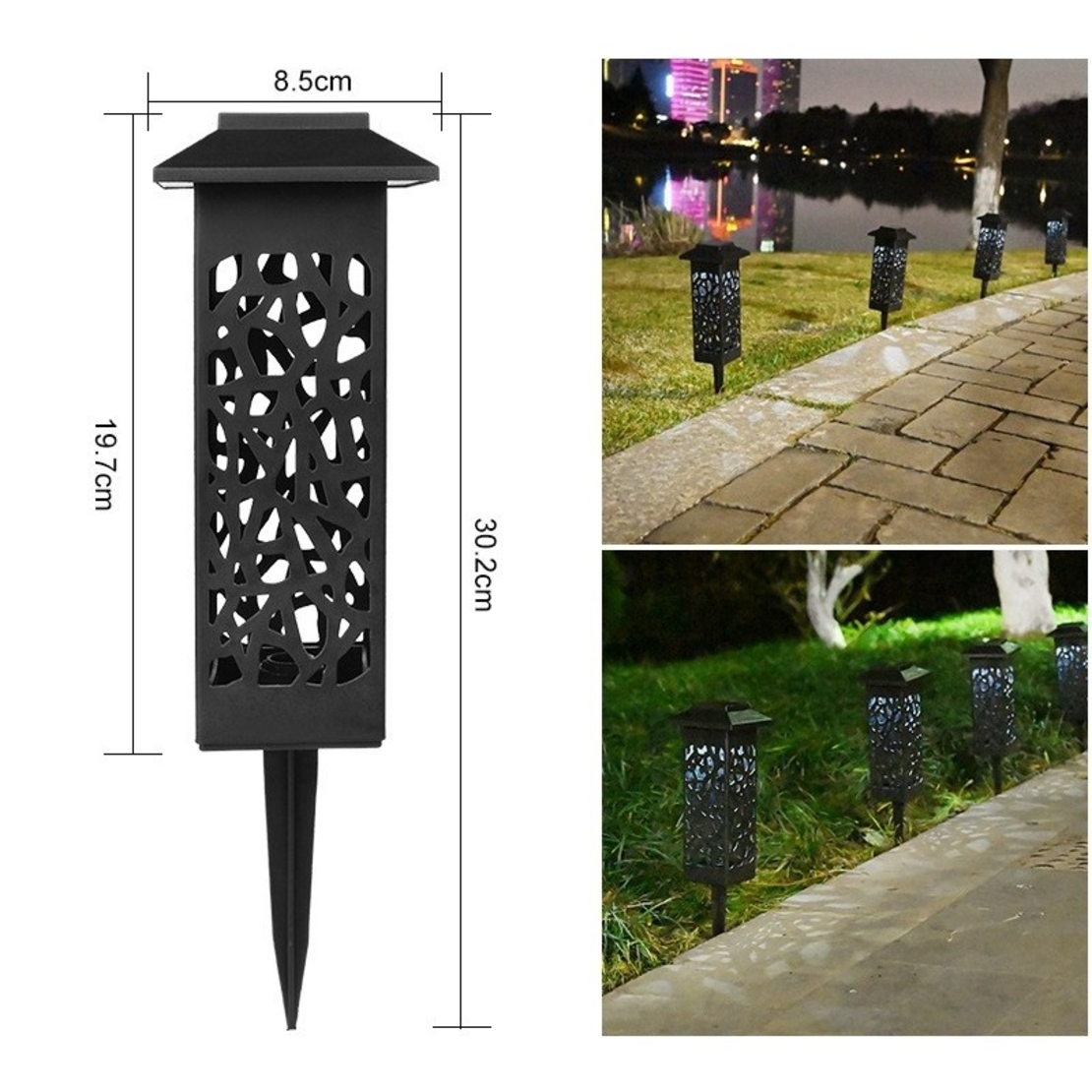 Lampa solara LED, Flippy, Set 6 Bucati, Tip Felinar cu Acoperis, pentru Gradina, Inaltime 30.2 cm, putere 0.2W, 1.2V, 600mAh, Lumina Alb Rece, Negru