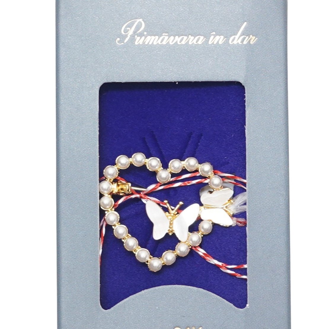 Martisor Brosa Placata cu Aur 24K, Jolie, Ambalaj Carton cu Design, Material Metal, Model Inima, Dimensiune Brosa 2 - 3 cm, Auriu/Alb
