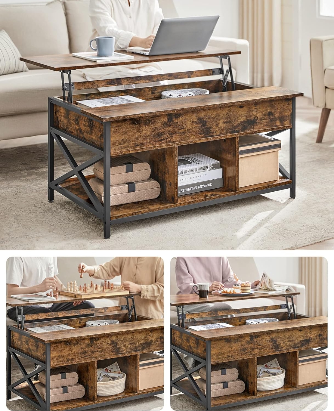 VASAGLE Masa de cafea cu inaltime reglabila, spatiu de depozitare ascuns, 60x100x(48-62) cm, maro rustic