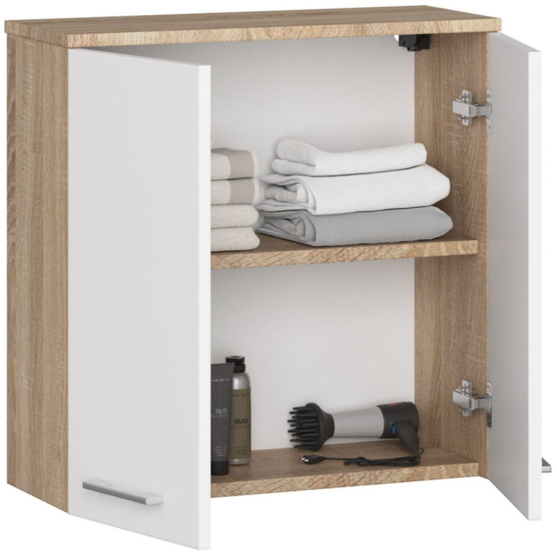 Dulap baie suspendat, cu 2 usi si 1 raft interior, PAL 16 mm, 60x23x60 cm, stejar sonoma si alb