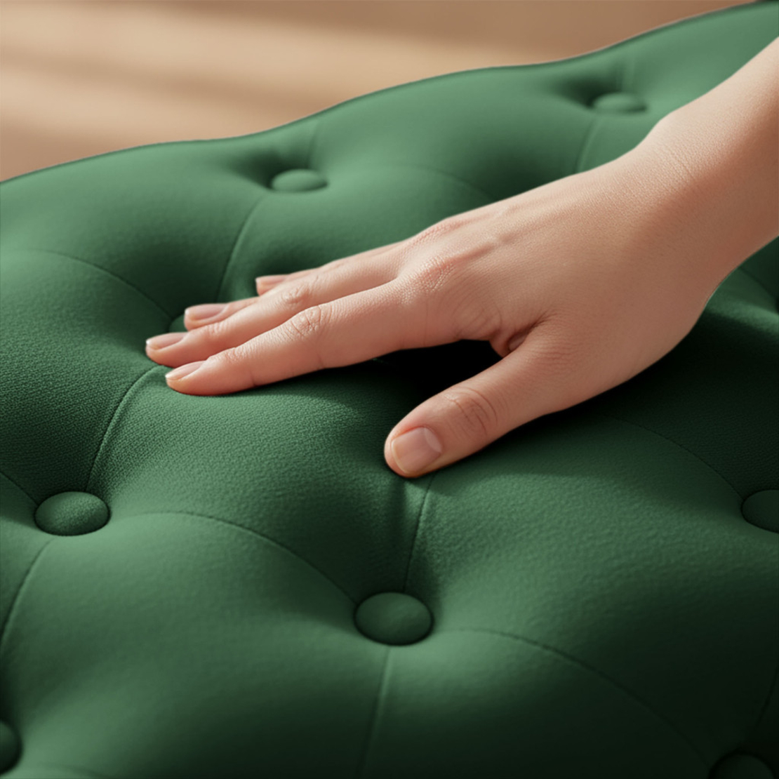 Taburet Madrid, tapitat cu catifea, tip banca, cu picioare metalice, 80x42x41 cm, verde