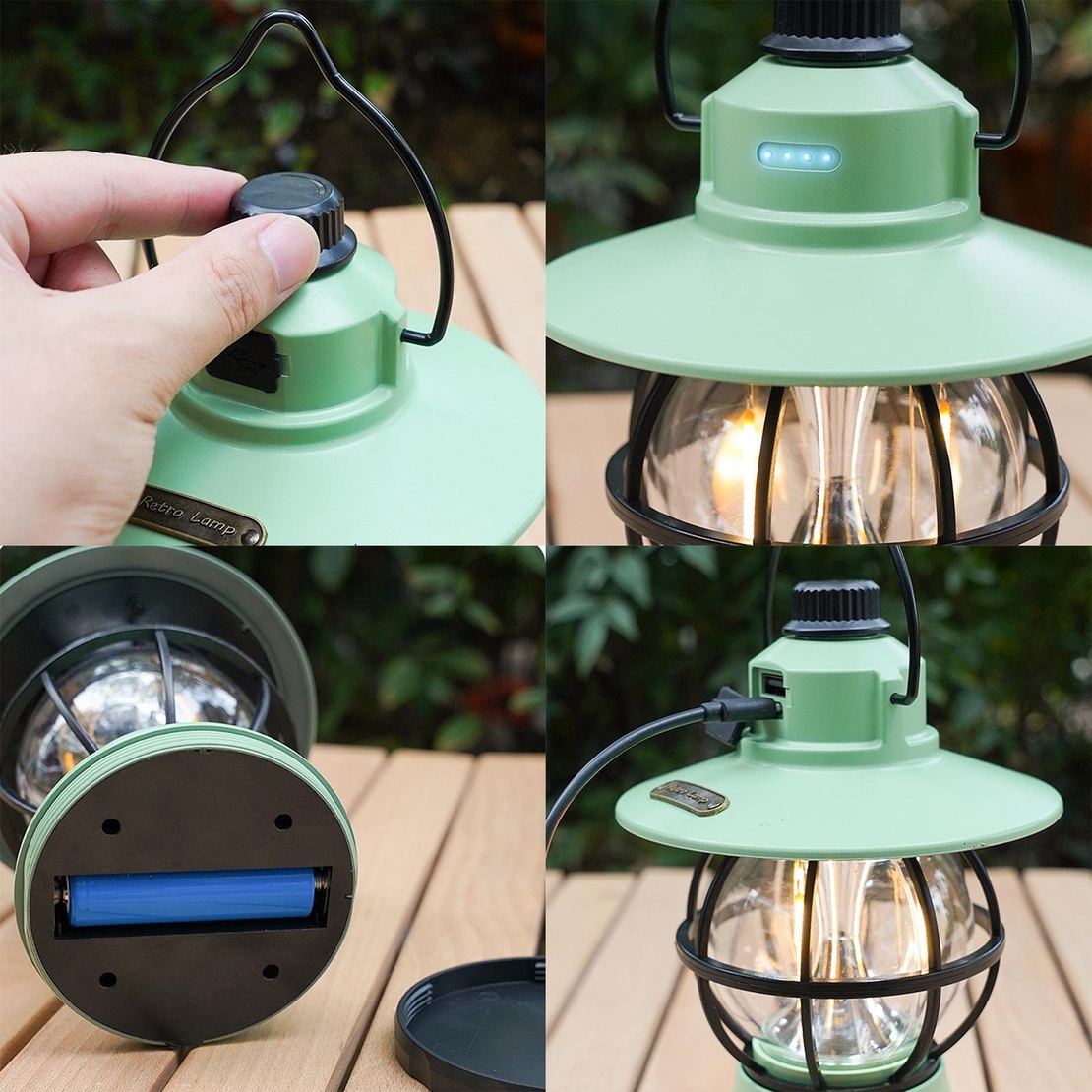 Lampă de camping retro portabilă, Felinar Vintage LED ABS, Acumulator inclus 1200 mAh, reincarcabila, 3 moduri de iluminare, intensitate reglabila,Lampa portabila pentru cort în aer liber, Mint