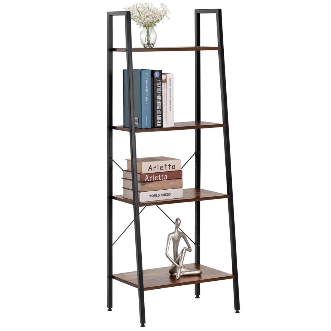 Etajera cu 4 rafturi, metal si MDF, stil industrial, 56x34x138 cm, maro inchis si negru