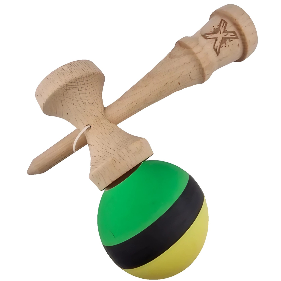 Kendama X Originala, Profesionala, Flippy, din Lemn, Rubber Grip, 18 cm, Galben/Negru/Verde