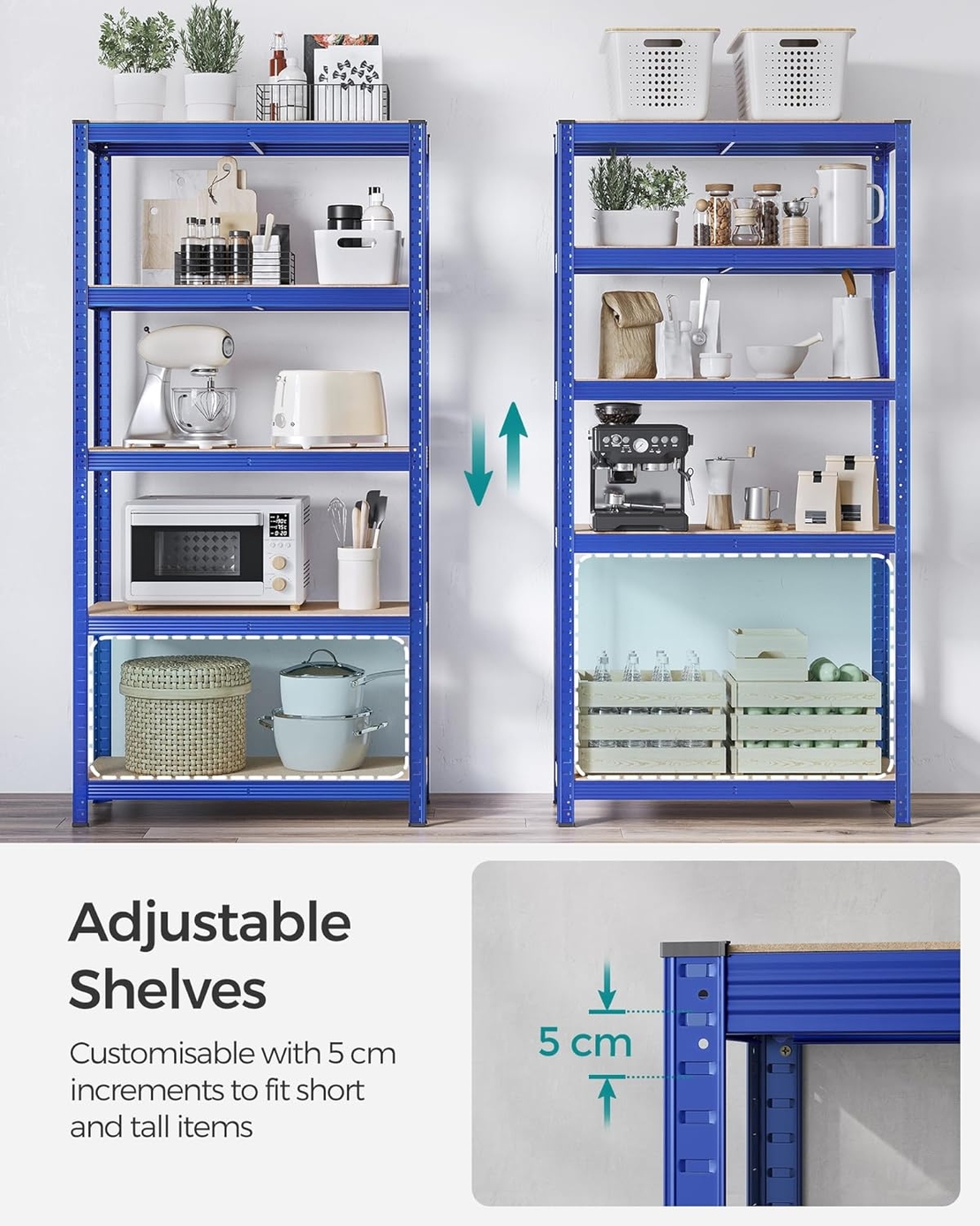 SONGMICS Raft de depozitare metalic, cu rafturi din MDF, 5 polite, max. 875 kg, 180x90x40cm, albastru