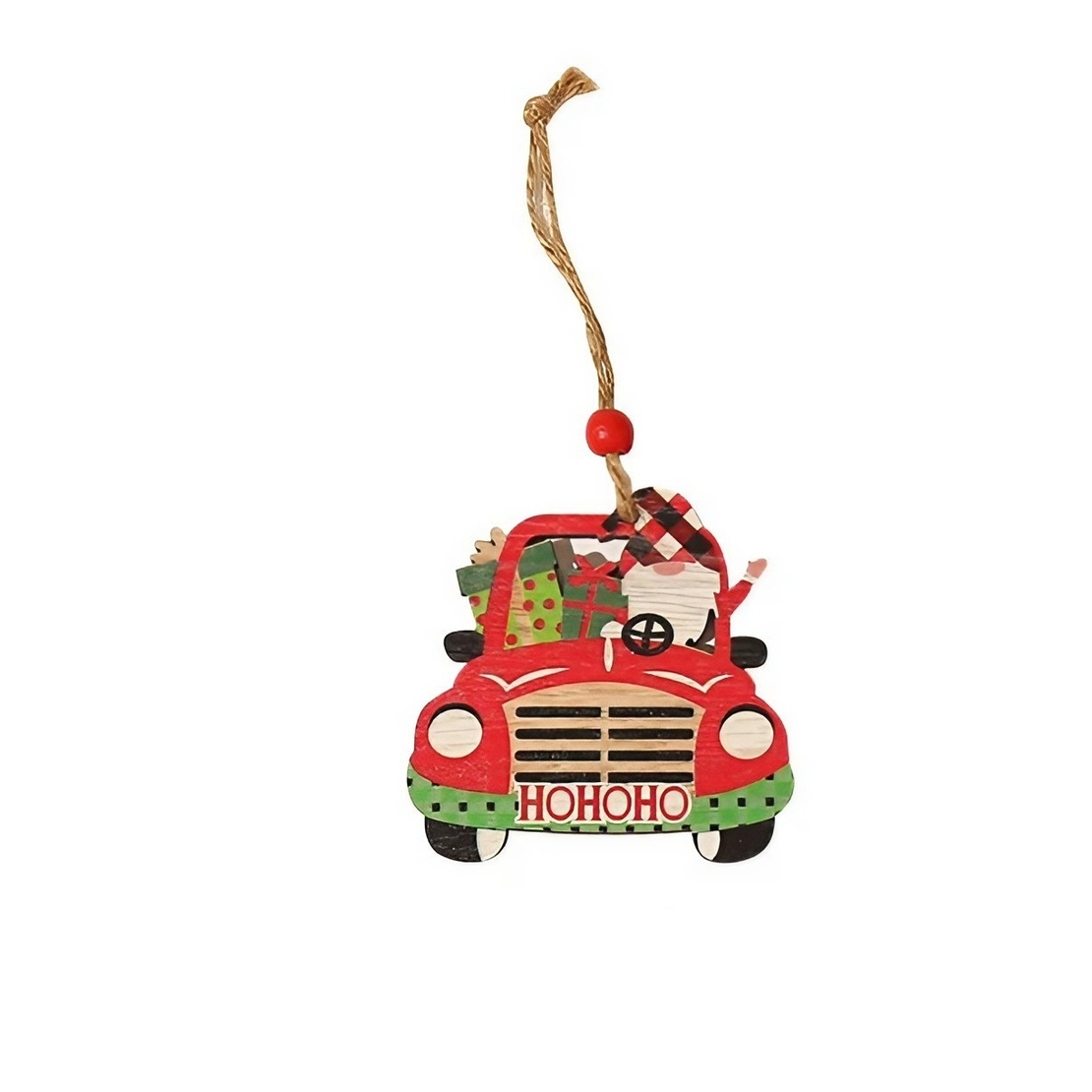 Decoratiune de Craciun din Lemn, Flippy, cu Snur pentru Agatare in Brad, Model Masina lui Mos Craciun, Scris HoHoHO, 8x8x0.4 cm, Multicolor