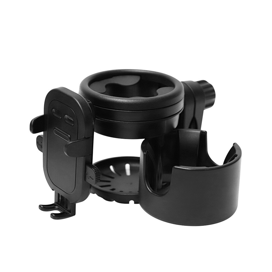 Suport Universal 3in1, Flippy, pentru Carucior, Biciclete, Masina, din ABS, 1 Suport Telefon si 2 Suporturi Pahare, Rotire 360°, Negru