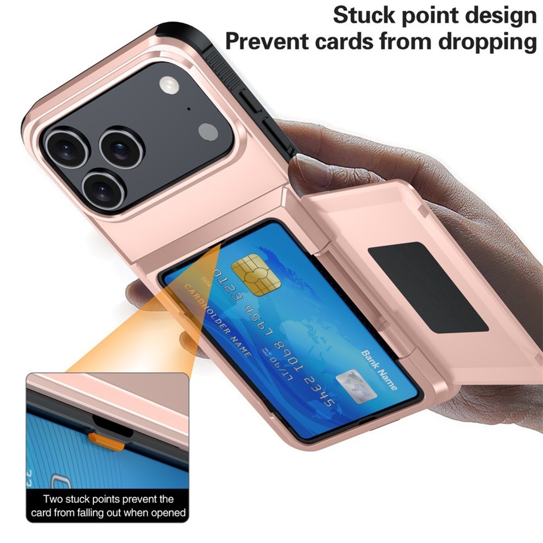 Husa de Protectie compatibila Apple iPhone 17 Pro, Vafy, Compartiment pentru Carduri, Anti-alunecare, Protectie PC, Rezistenta la Zgirieturi, Rose Gold