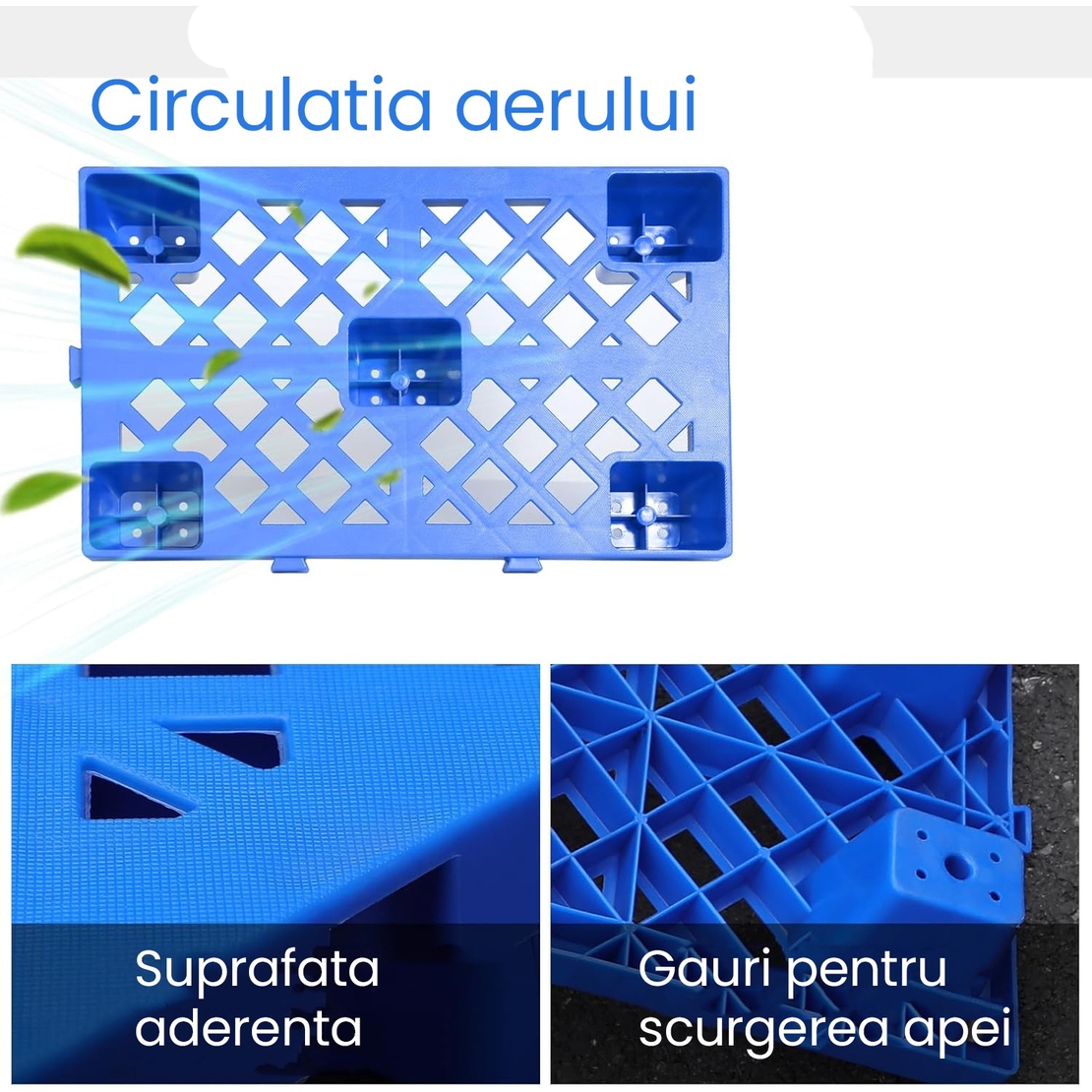 Palet de Transport, Flippy, 60 x 40 x 10 cm, din Plastic durabil, Palet pentru Stivuitor in Depozit, Rezistent la Umiditate, Grila Ingrosata, 5 Picioare, Albastru