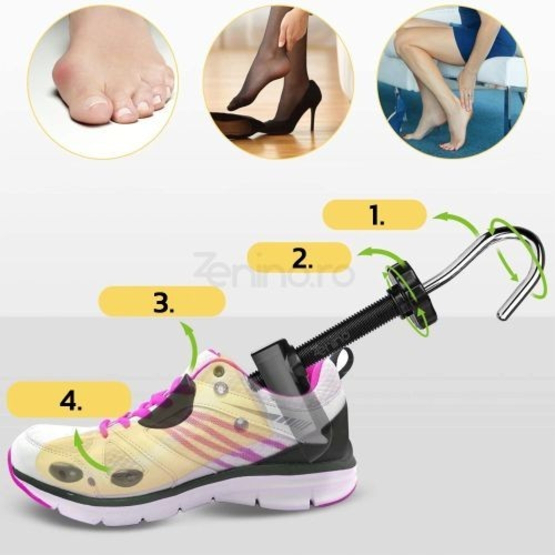 Set 2 Sanuri/Calapoade Reglabilile, Flippy, pentru Alungit si Largit Pantofi, Geanta si Incaltator Incluse, Universale, Unisex, din ABS Premium, Arc, Marime 30 - 36, Galben