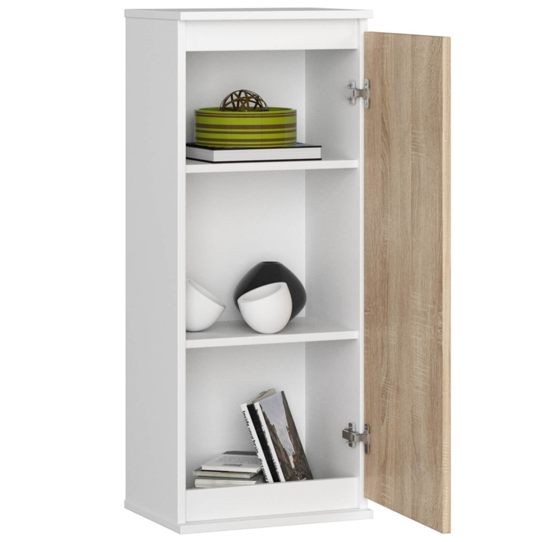 Dulap suspendat, cu usa si 3 rafturi interioare, PAL 16 mm, 40x30x99 cm, alb si stejar sonoma