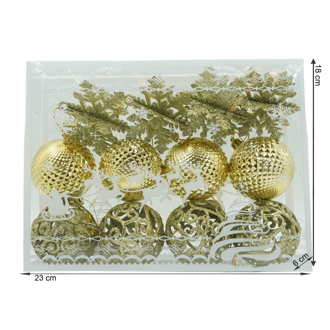 Set de 12 ornamente de brad, Flippy, de tip Glob, Auriu, din plastic, cu finisaj sclipitor , cutie 6 cm adancime x 23 cm lungime x 18 cm inaltime