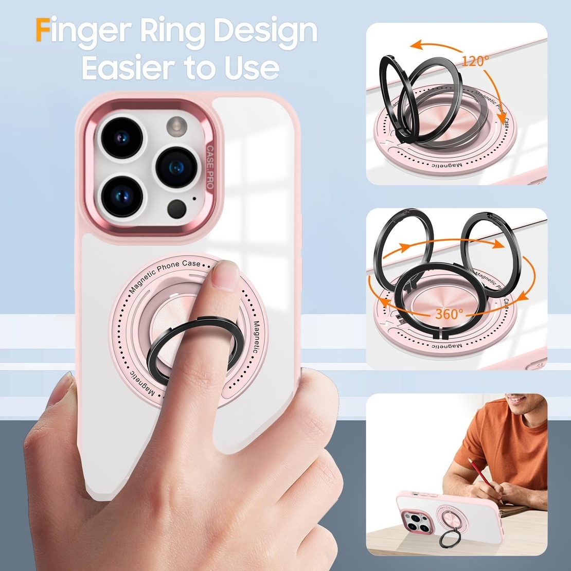 Husa de Protectie TPU, Vafy, pentru iPhone 16 Pro, Anticadere, cu Incarcare Wireless, Tehnologie Magsafe, Inel Magnetic Rotativ cu Functie de Suport, Transparent-Roz