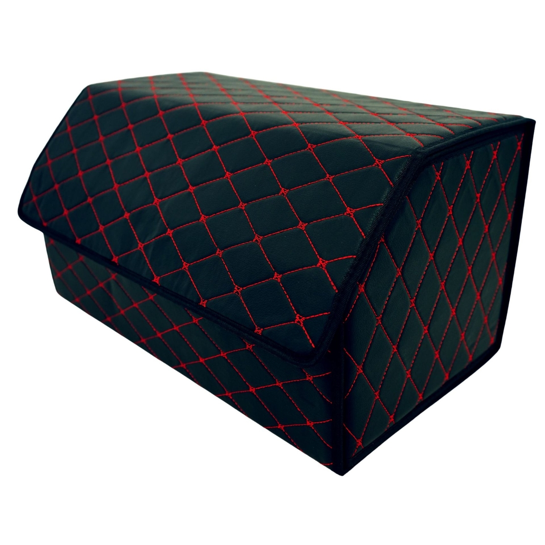 Cutie de Depozitare Auto, Flippy, Organizator Premium Portbagaj, Geanta Multifunctionala, Piele Ecologica, 2 Compartimente Depozitare, Pliabil si Rezistent la Uzura, Negru/Rosu, 55 x 30 x 30cm