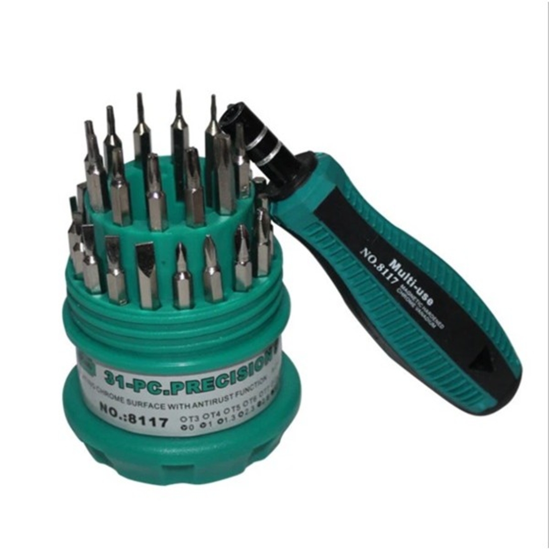 Set de Surubelnite 31-in-1 cu Clichet, Vafy, Set de Uz Casnic pentru Repararea Electronicelor Mici, Maner durabil Izolat Magnetic, 10 x 5 x 5 cm, Verde