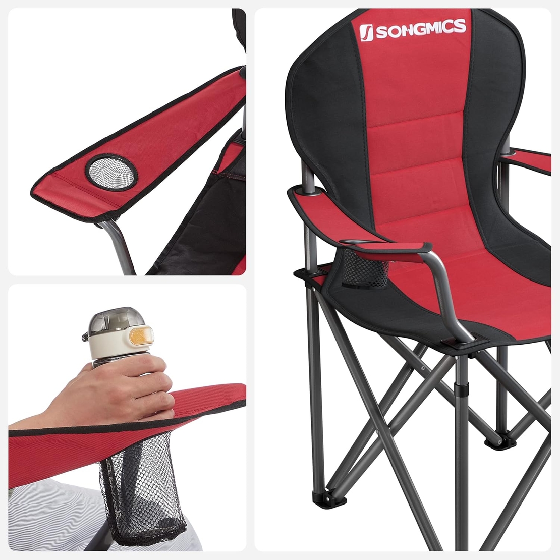 SONGMICS Scaun pliabil camping cu sezut buretat, suport bauturi, husa transport, 250 kg, 90x55x102 cm, rosu