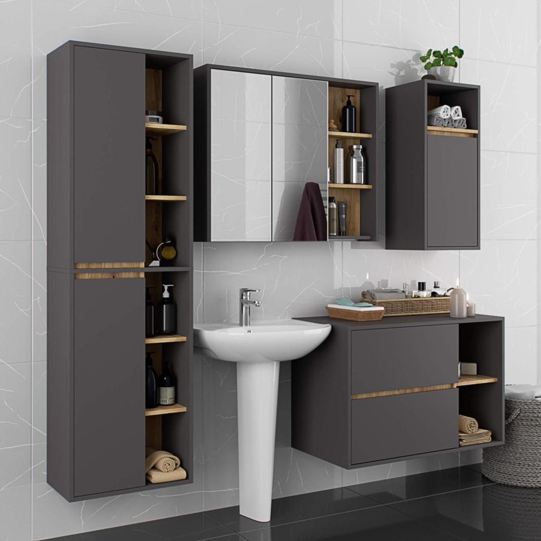 Etajera de baie suspendata, cu 2 sertare, PAL 16 mm, 90x46x60 cm, gri si stejar artisan