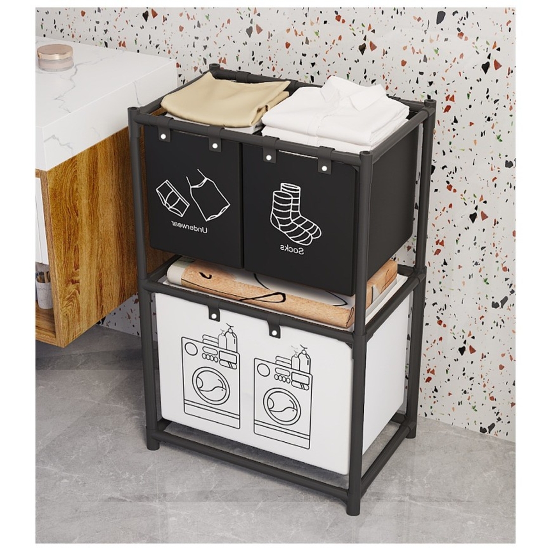 Cos de Rufe, Flippy, cu 2 Etaje, 3 Cosuri, Cadru de Otel Inoxidabil, 97x28x57 cm, Negru