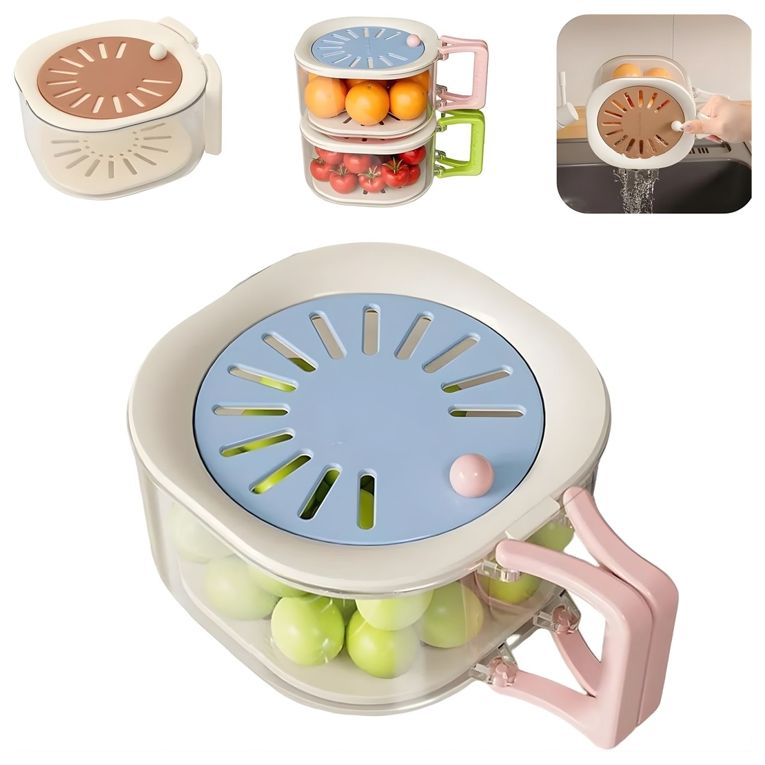 Cos de Scurgere pentru Fructe 2 in 1, Vafy, din Plastic Durabil, Filtru Telescopic, Scurgator de Fructe si Legume, pentru Uz Casnic, 15 x 15 x 8.5 cm, Albastru/Bej