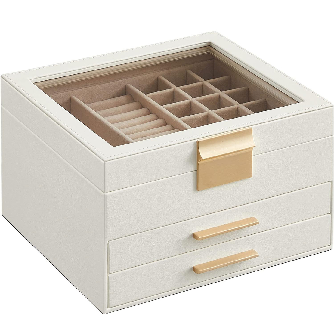 SONGMICS Cutie de bijuterii cu 3 nivele, 2 sertare, capac din sticla, 20x23x14cm, alb si auriu