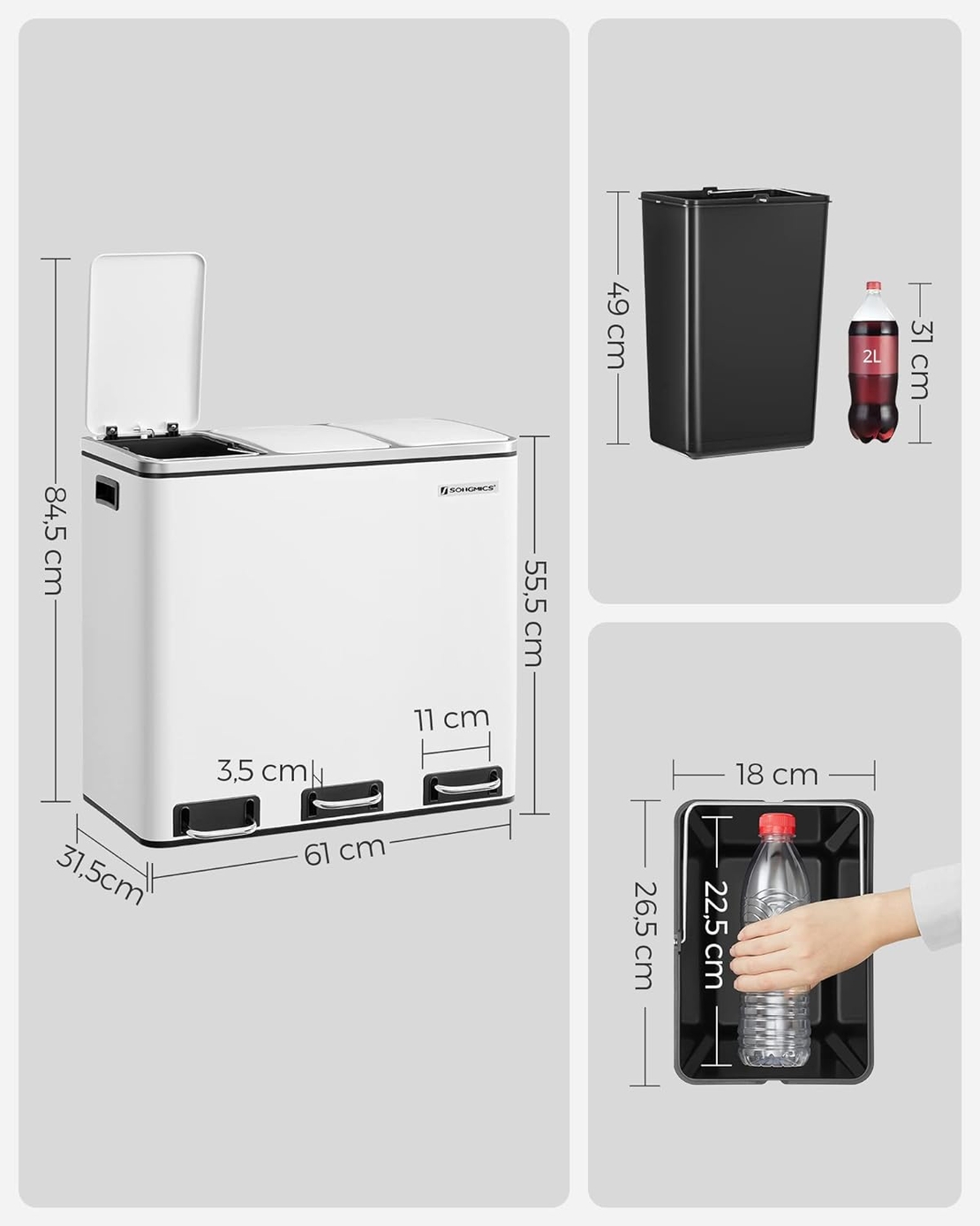 SONGMICS Cos de gunoi din inox cu 3 compartimente colectare selectiva, cu galeti interioare, 3x18litri, 62x32x56cm, alb