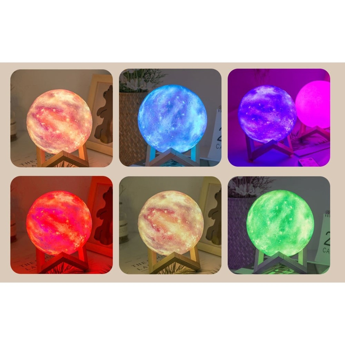 Lampa de veghe in forma de luna cu stele 3D Moon Light 7 culori, alimentare baterii, stand din lemn inclus, 15 cm, Flippy