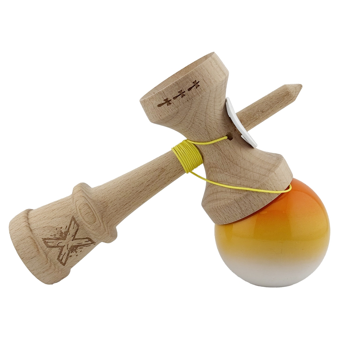 Kendama X Originala, Profesionala, Flippy, Super Sticky cu Cupe Mari KING SIZE V3, Gaura in Baza, Rulment Metalic, din lemn 18 cm, Ata 62/65 cm, Gradient Portocaliu/Galben/Alb
