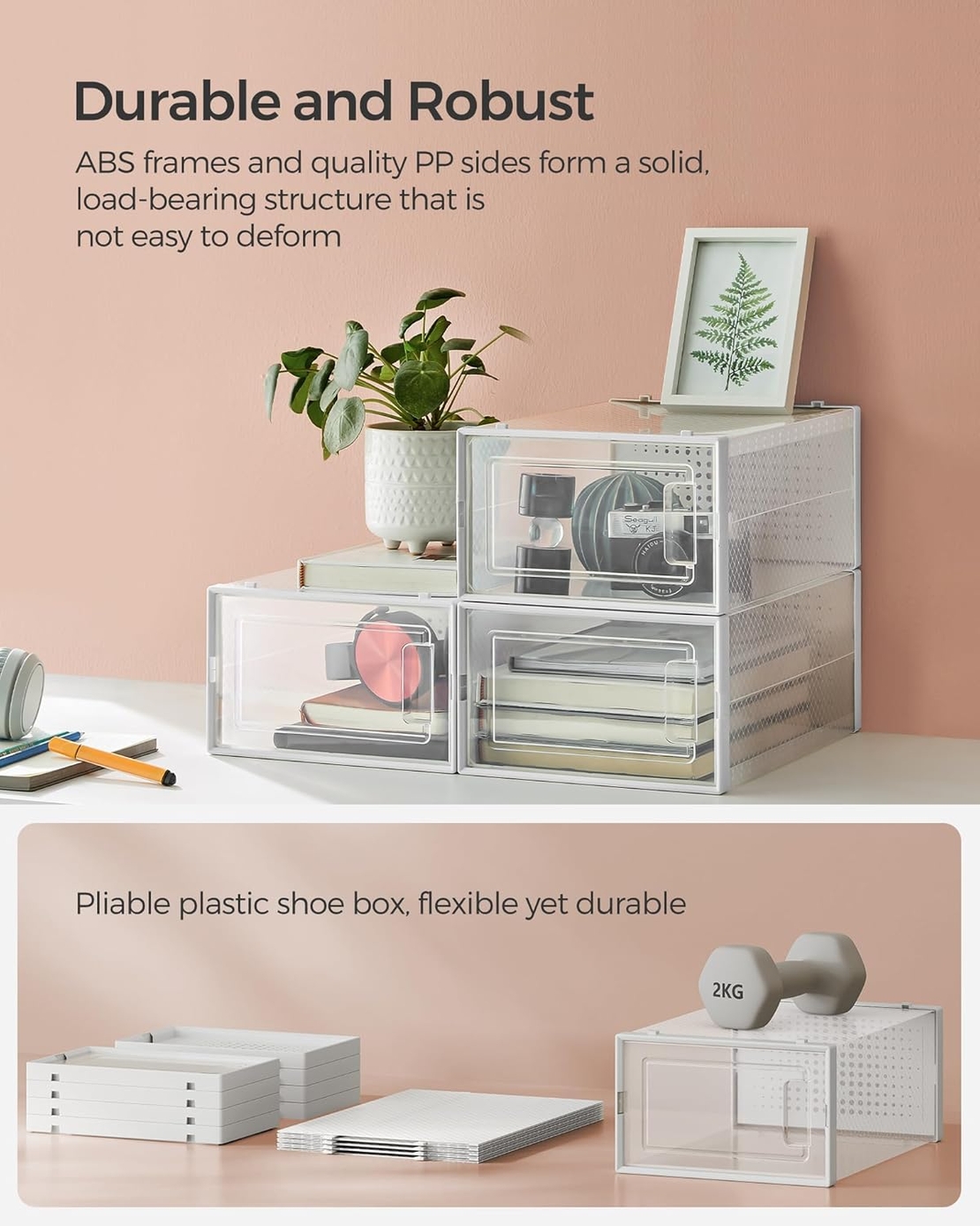 SONGMICS Organizator pantofi cutii stivuibile, cu usa transparenta, plastic, 8 module de 33x23x14 cm, alb