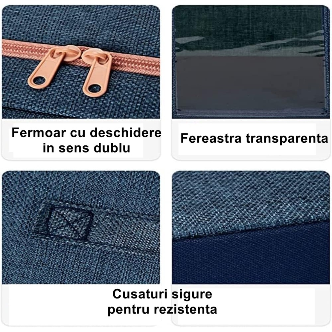 Cutie de Depozitare Pliabila, Flippy, Cu Fermoar, 24 L, Textil, 40x30x20 cm, Cadru Metalic, Suport Baza Stabil din Plastic, Albastru Marin cu Doua
