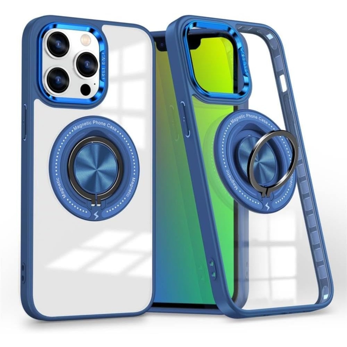 Husa de Protectie TPU, Vafy, pentru iPhone 16 Pro Max, cu Incarcare Wireless, Tehnologie Magsafe, Inel Magnetic Rotativ cu Functie de Suport, Transparent-Albastru Inchis