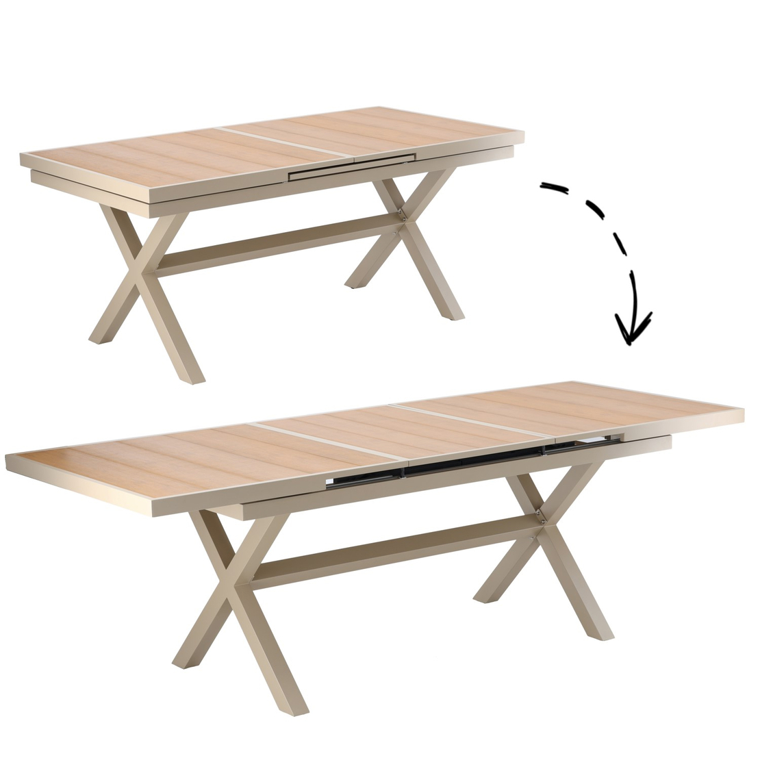 Masa gradina extensibila 180-240 cm din aluminiu cu blat aspect lemn, 180-240x90x76 cm, bej