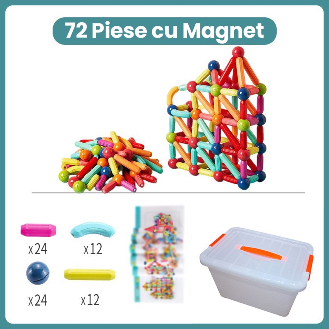 Piese Magnetice pentru Copii, Flippy, Set din 72 de Piese de diferite Culori, Constructor Magnetic cu Posibilitatea de a Construii forme Nelimitate, Multicolor