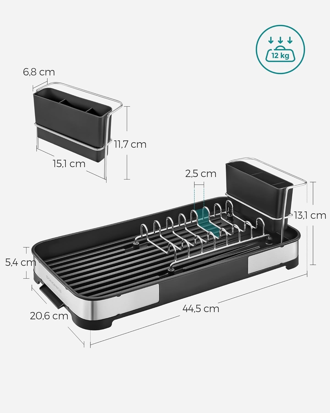 SONGMICS Uscator de vase si tacamuri, din inox, suport pentru tacamuri si sistem de scurgere, 21x45x13 cm